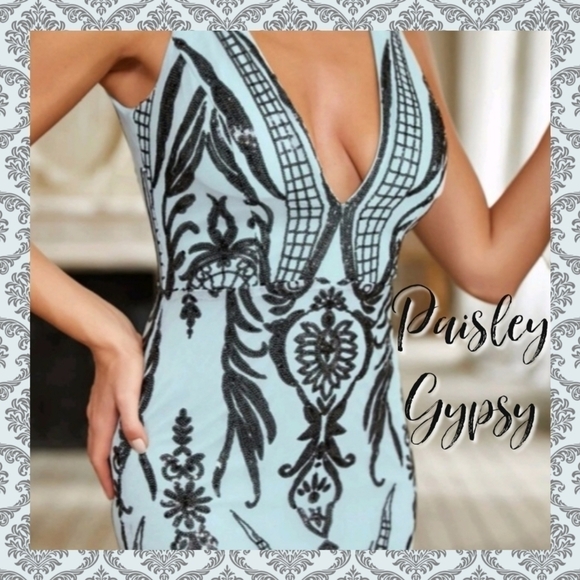 Sleeveless Deep V Neck and Back Baby Blue and Black Formal Gown - Picture 4 of 12